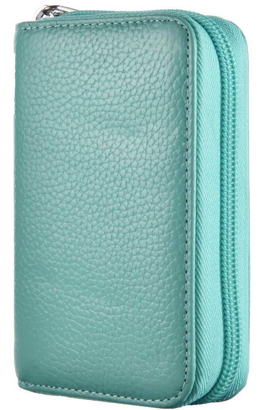 7095 Leather Credit Card Holder Zipper Wallet With 26 Card Slots Teal